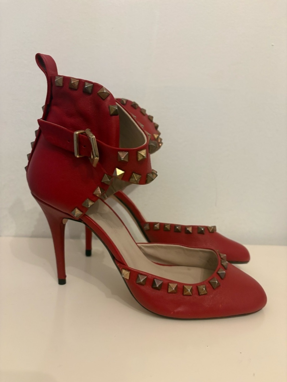 Zara Red Studded Ankle-Strap Pointed Heels